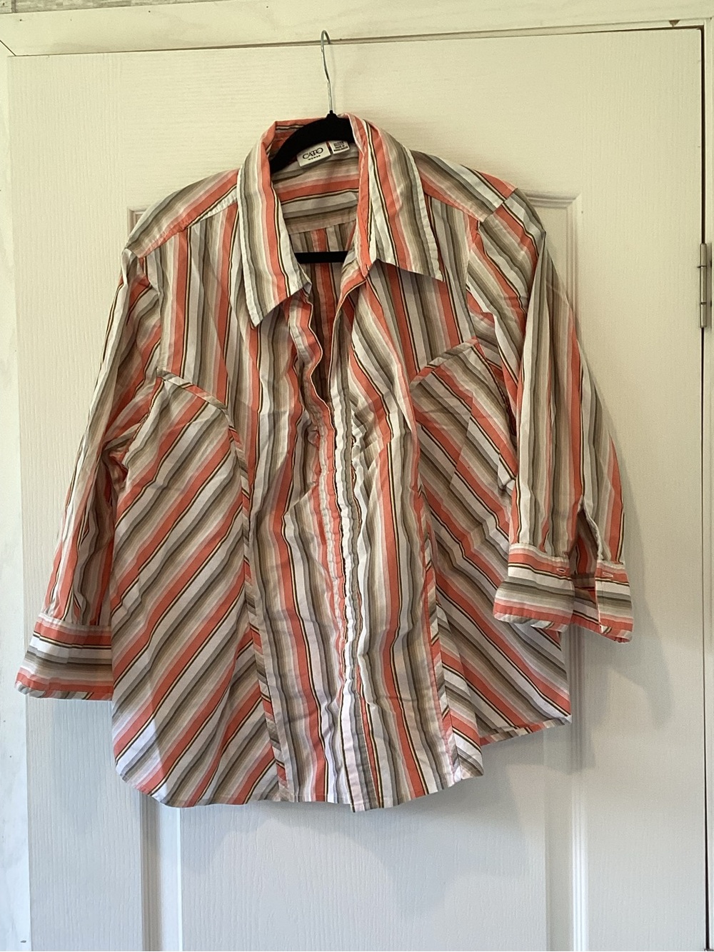 Cato Striped Button-Up Blouse in Coral, Beige & White 22/24W EUC